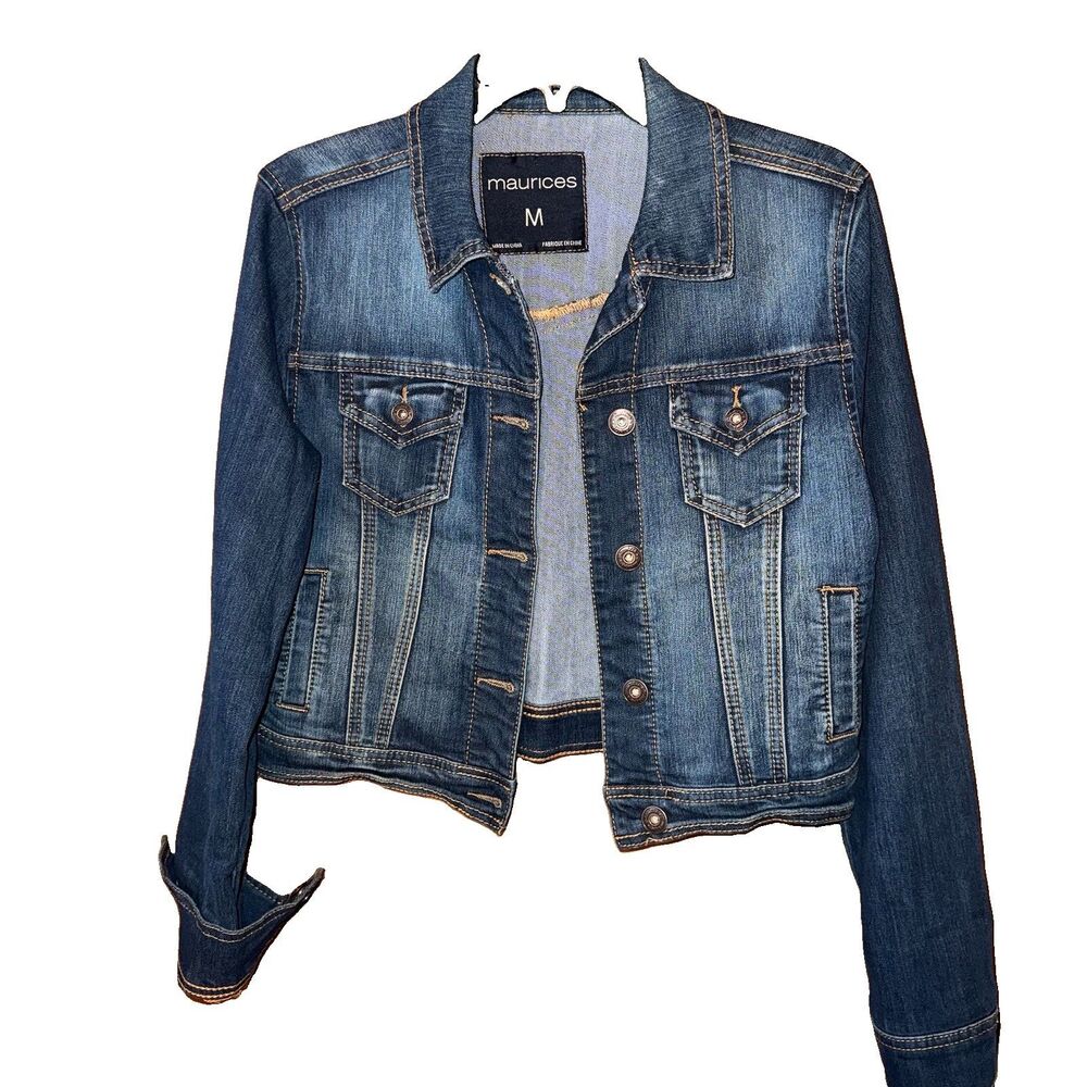 Maurices Medium Distressed Wash Blue Stretch Cropped Denim Jean Jacket